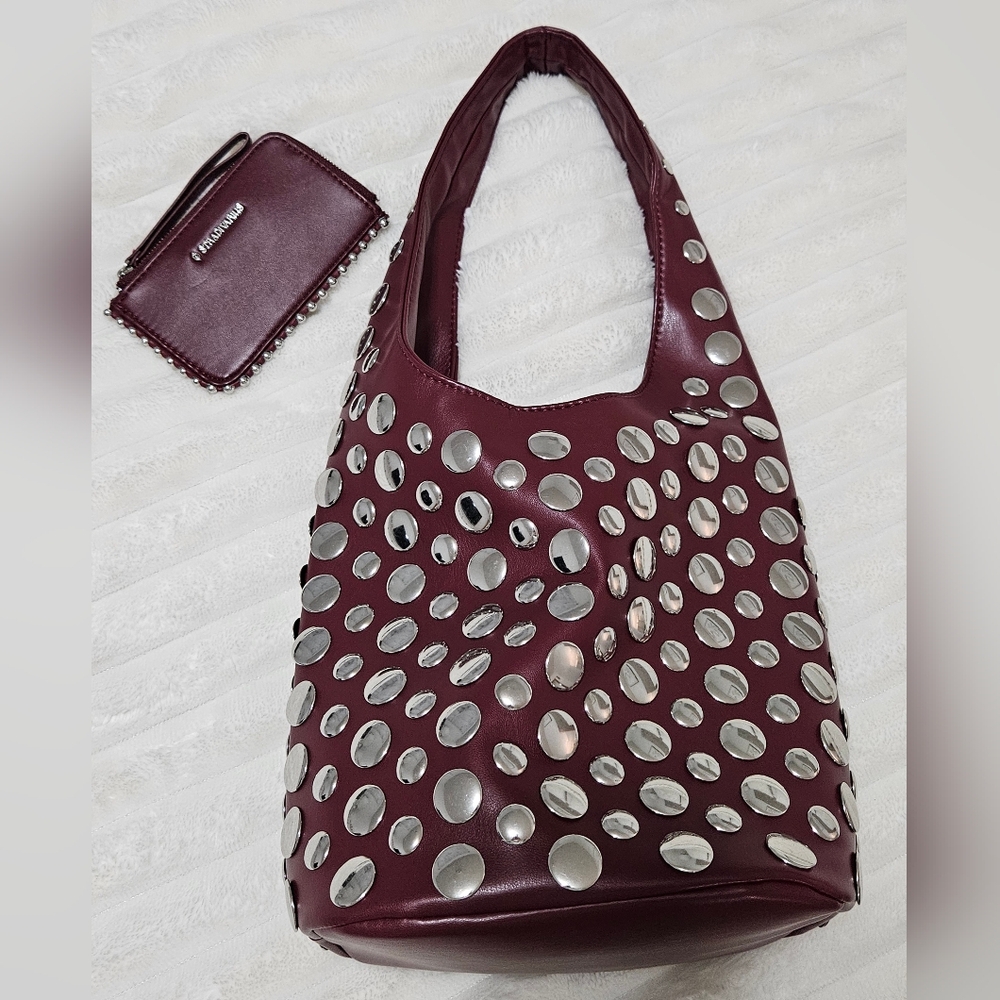 Studded Burgundy Shoulder Bag with Coin Wallet